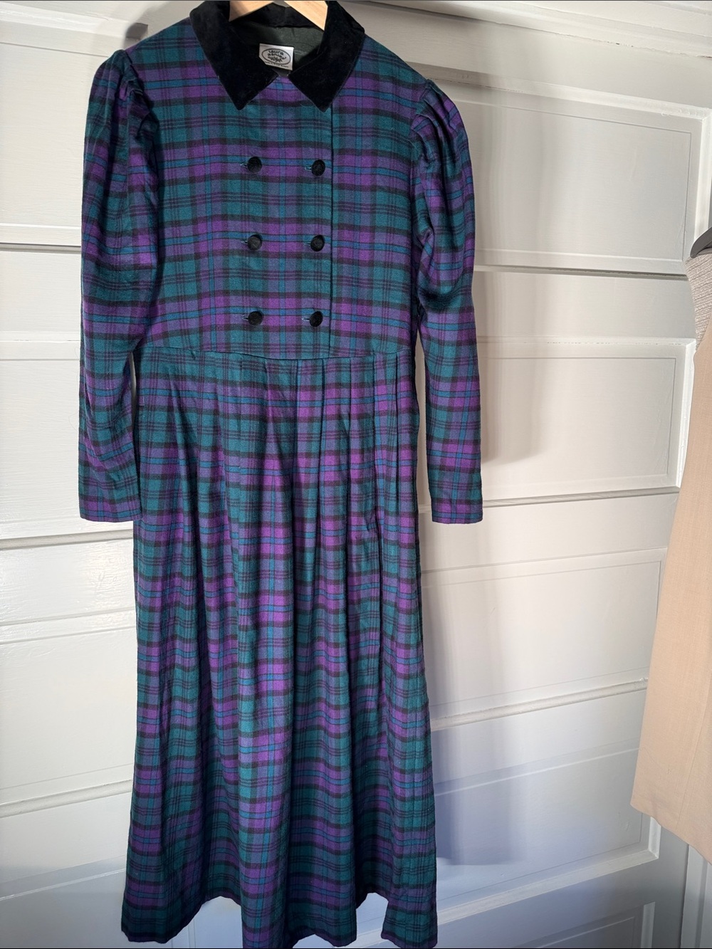 Vintage Laura Ashley Plaid Wool Midi Dress Velvet Collar Cottagecore Prairie